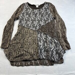 Feratelli Tunic Top Womens Medium Brown Gray Lace Overlay Long Sleeve Pullover